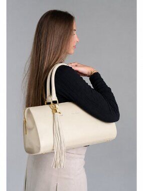 Kelly-Tooke Soho Leather Barrel Tassel Satchel Shoulder Bag Handbag Purse Cream